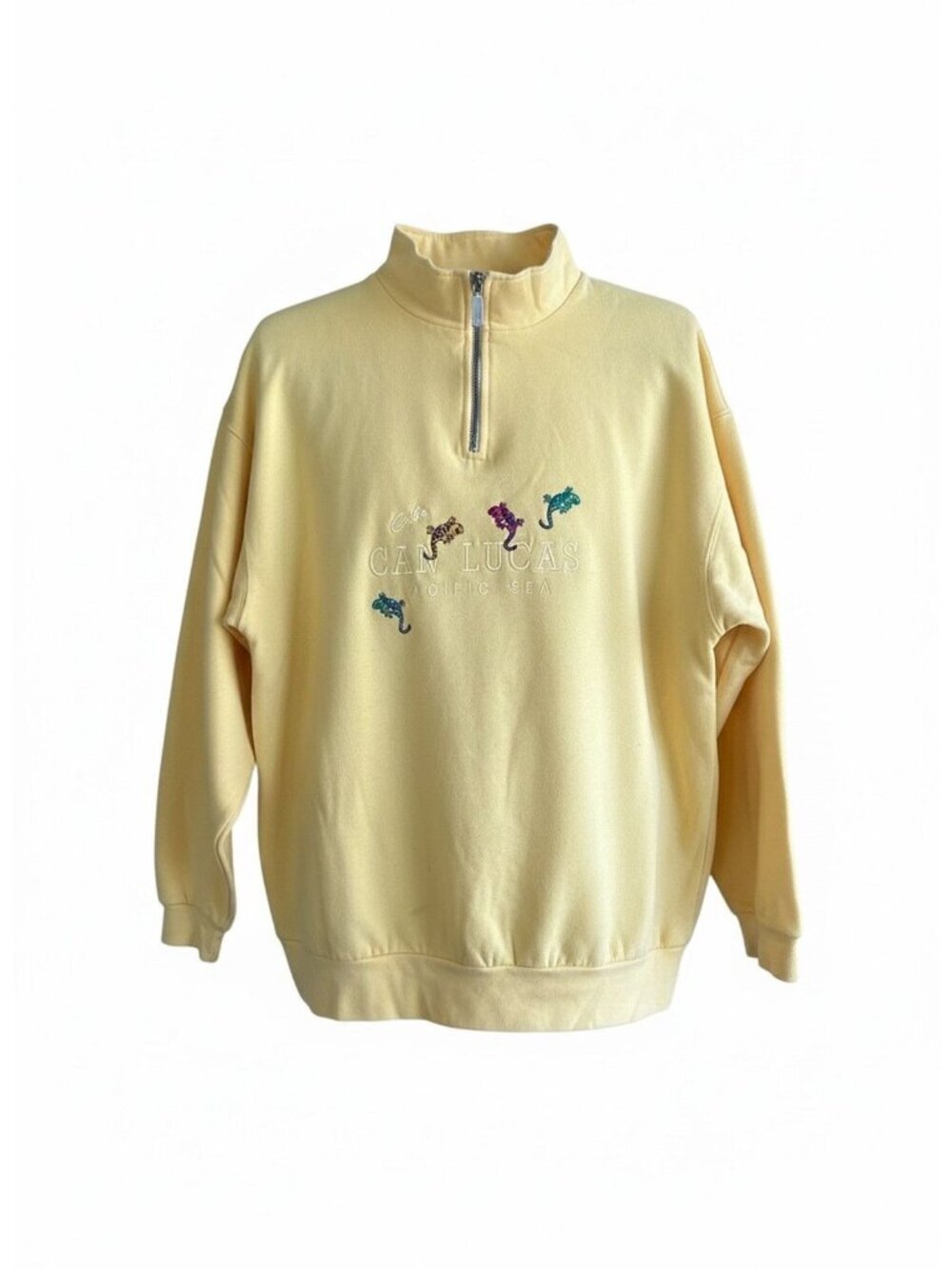 Cabo San Lucas  Sweatshirt Yellow Embroidered Geckos Lizards 1/4 Zip Size XL